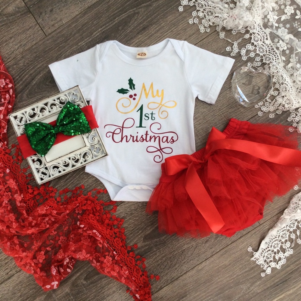 Boutique Baby Girls 1st Christmas 3pc Outfit